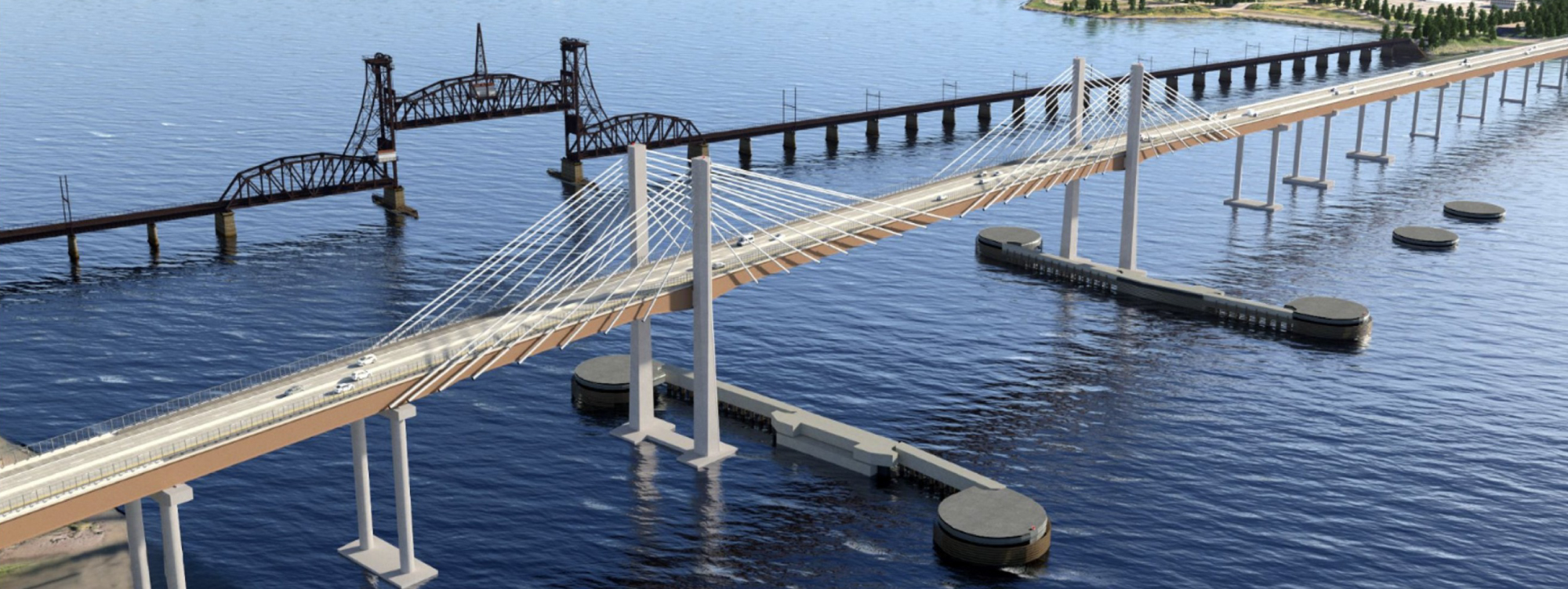 An aerial rendering of two bridges crossing a wide body of water.